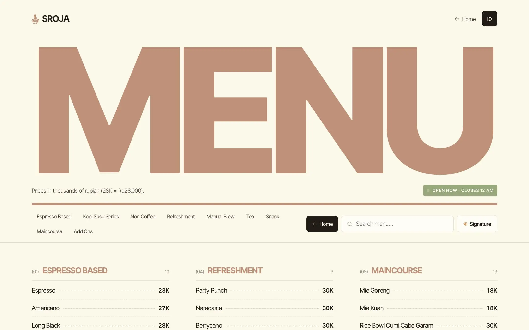 Sroja Coffee: Menu lengkap yang dipindai dari meja.