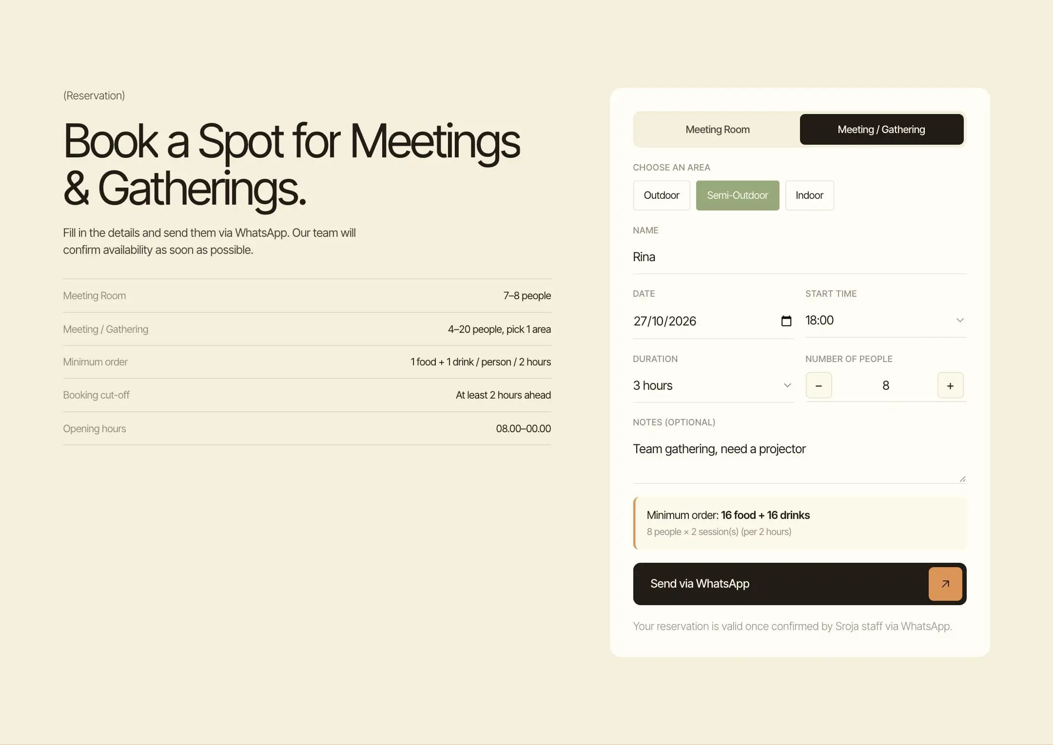 Sroja Coffee: Booking lewat WhatsApp, tanpa server.