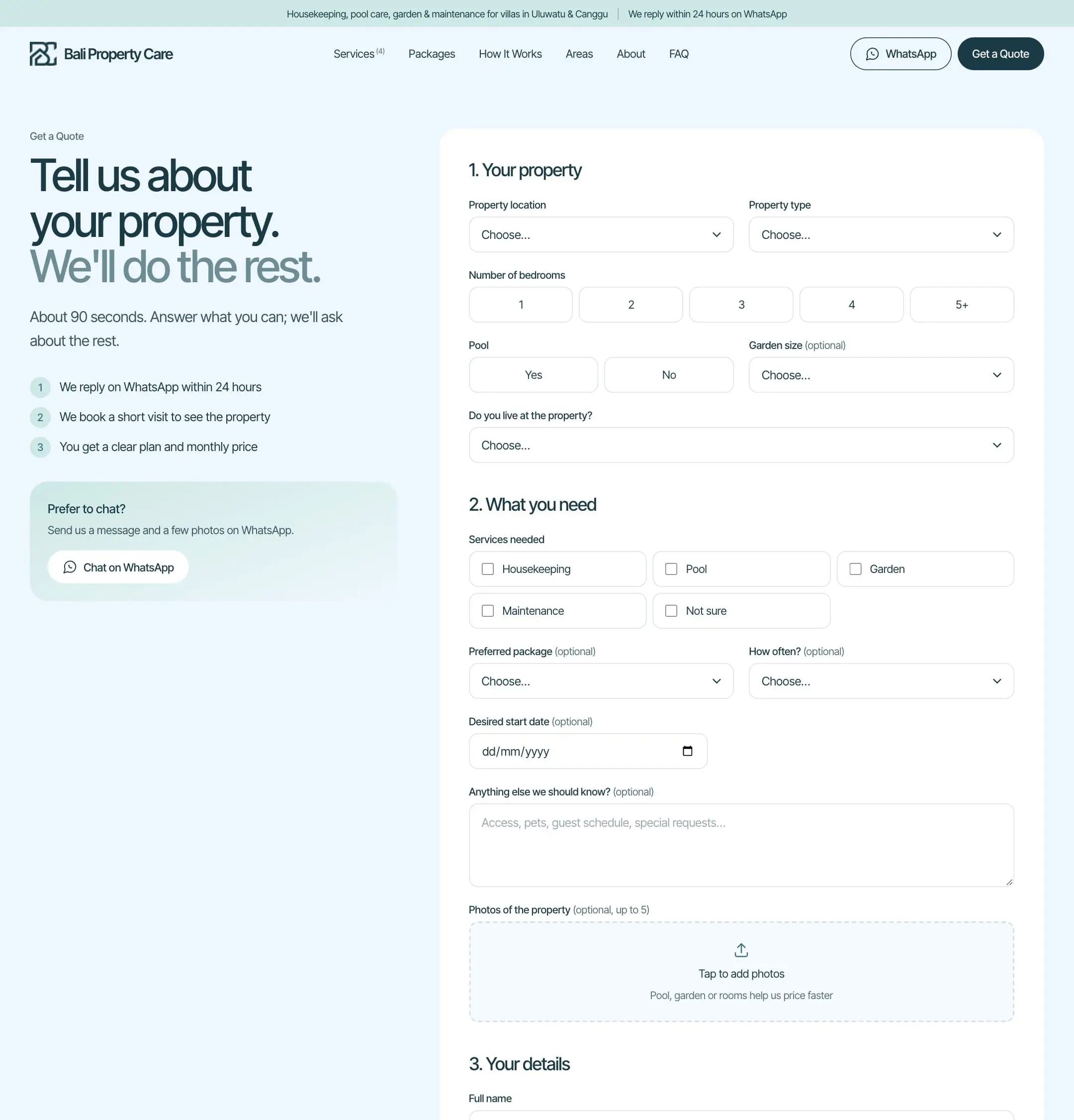 Bali Property Care: Form penawaran yang singkat.