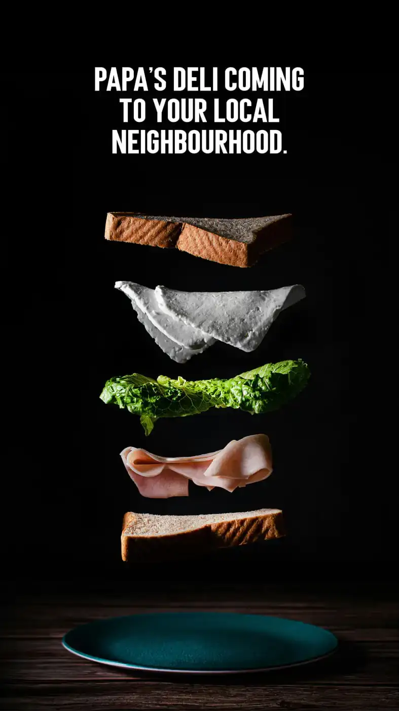 Exploded sandwich on black — every layer floating apart